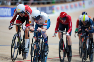 Mark Stewart in the men's points race at the 2024 UCI Tissot Track World Championships