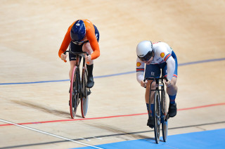 Sophie Capewell in the women's sprint semi final at the 2024 UCI Tissot Track World Championships