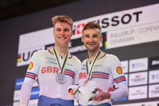 Dan Bigham and Josh Charlton on the men's individual pursuit podium at the 2024 UCI Tissot Track World Championships